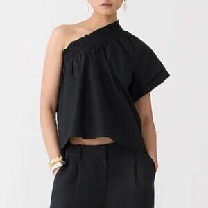 NWT: J. CREW smocked one-shoulder Top in cotton poplin, Black, XS